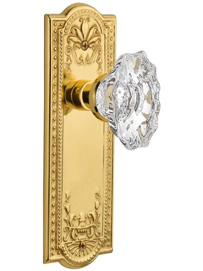 Meadows Design Door Set with Chateau Crystal Glass Knobs in Polished Brass.